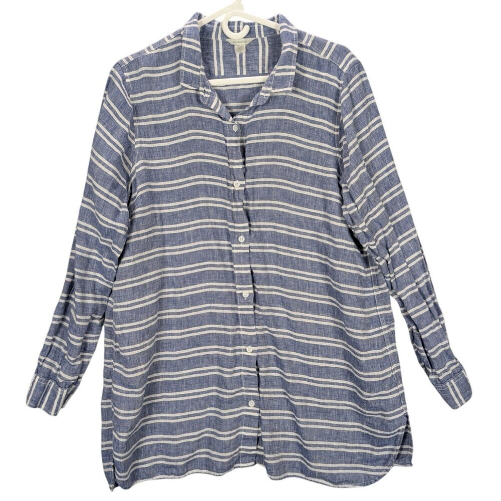 Garnet Hill Linen Shirt Womens Extra Large Blue White Stripe Long sleeve Coastal